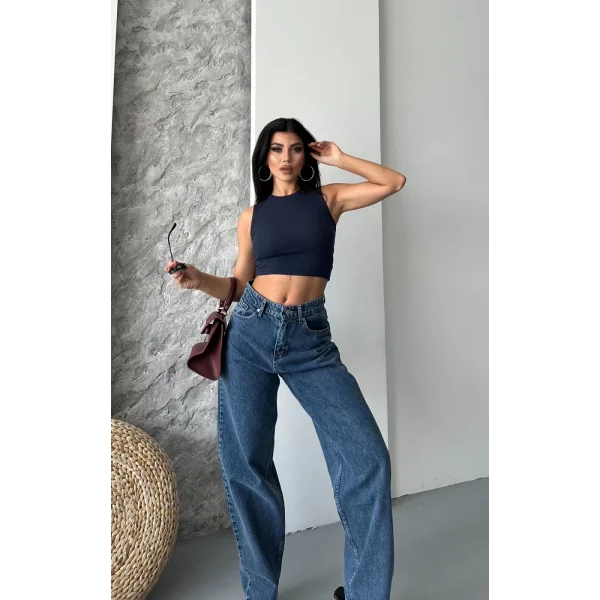 Baggy kar yıkama jeans pantolon koyu mavi d2007