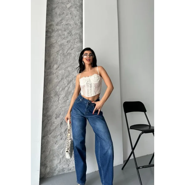 Baggy süper taş bıyık yıkama koyu mavi jeans pantolon d2007