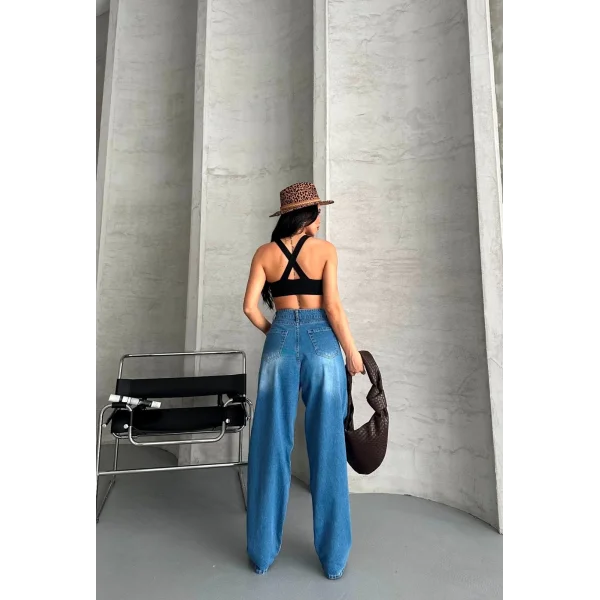 Baggy süper taş bıyık yıkama mavi jeans pantolon d2007