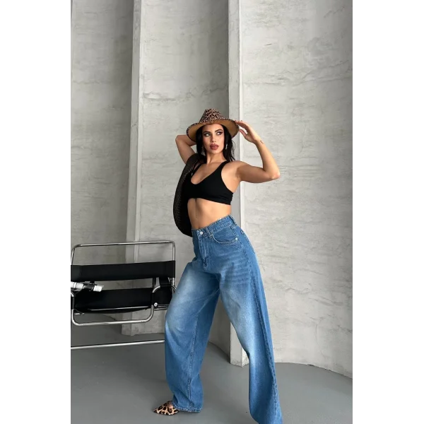 Baggy süper taş bıyık yıkama mavi jeans pantolon d2007