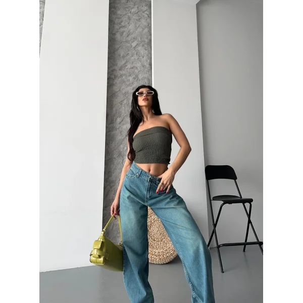 Baggy taş enzim bıyık yıkama jeans pantolon yeşil tint d2007