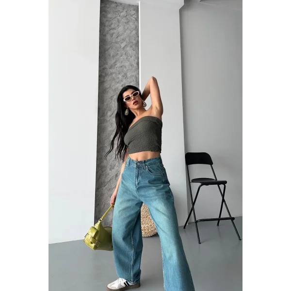 Baggy taş enzim bıyık yıkama jeans pantolon yeşil tint d2007