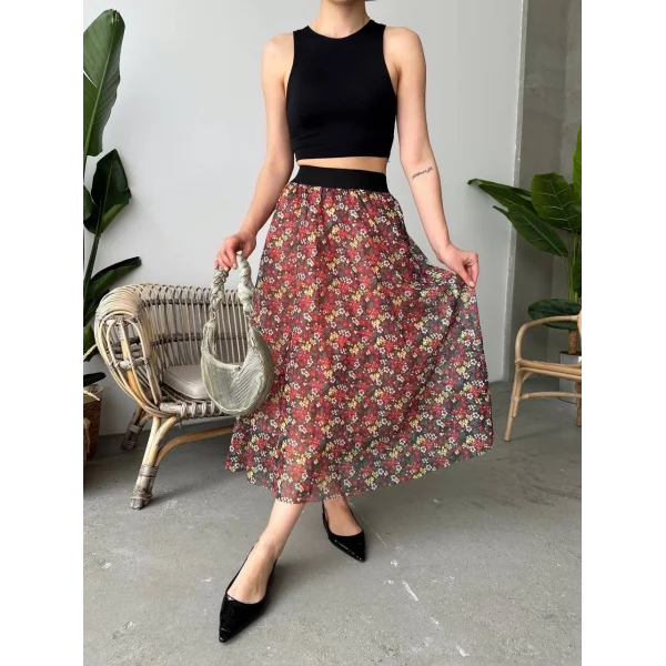 Baskılı astarlı uzun etek