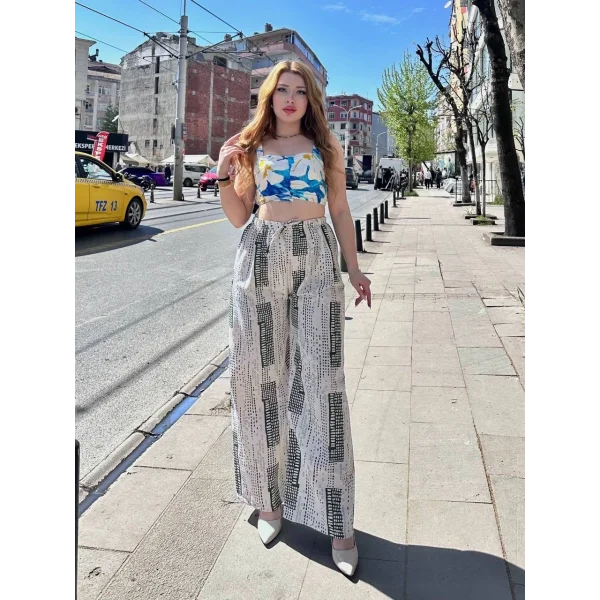 Baskılı Bağcıklı keten pantolon krem