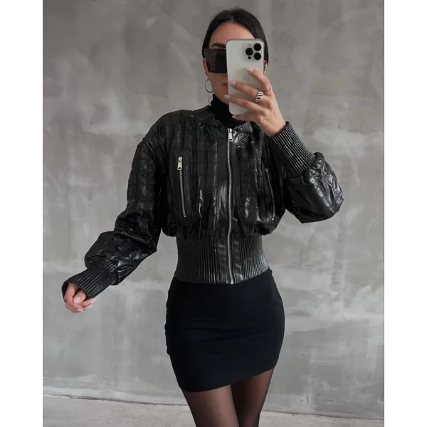 Beli büzgülü crop deri ceket siyah