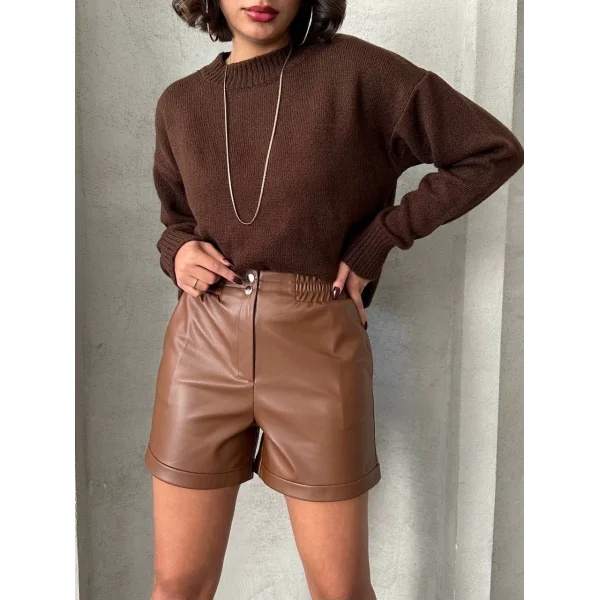 Beli lastikli çıtçıtlı deri şort kahve w241007