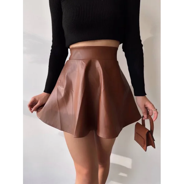 Beli lastikli deri etek kahve s24599