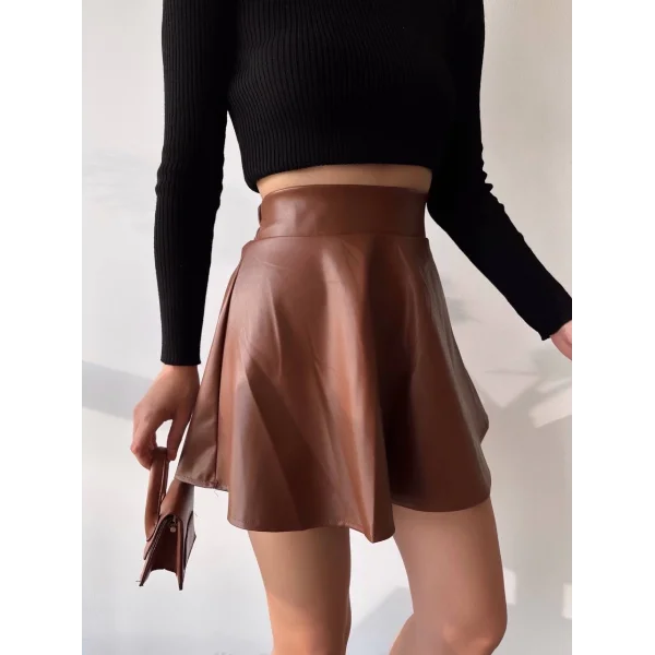 Beli lastikli deri etek kahve s24599