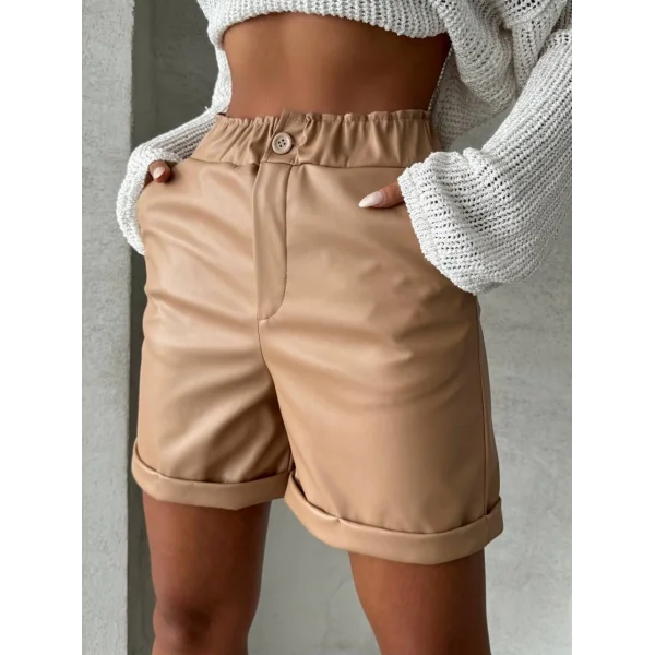 Beli lastikli duble paça deri şort bej w24755