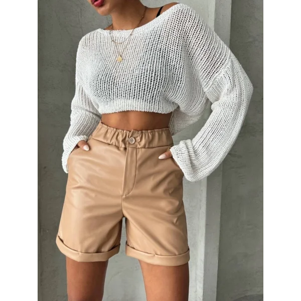 Beli lastikli duble paça deri şort bej w24755