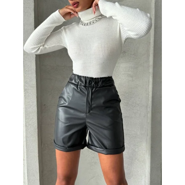 Beli lastikli duble paça deri şort siyah w24755