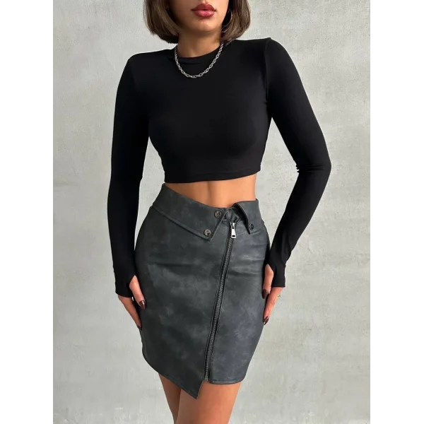 Beli pervazlı fermuarlı eskitme deri etek w24431