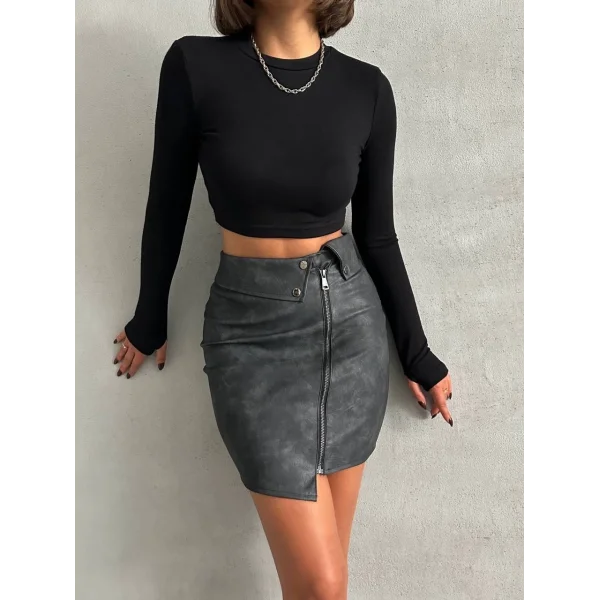 Beli pervazlı fermuarlı eskitme deri etek w24431