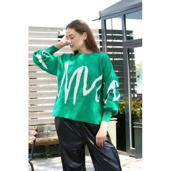 Beyaz çizgili bisiklet yaka kazak yeşil