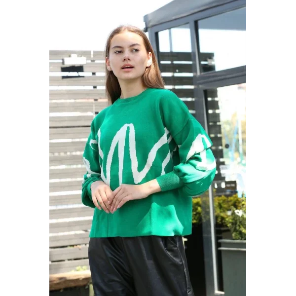 Beyaz çizgili bisiklet yaka kazak yeşil