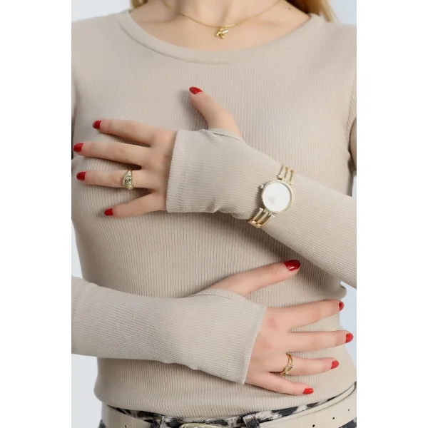 Bisiklet Yaka Parmak Geçmeli Kaşkorse bluz bej a3829