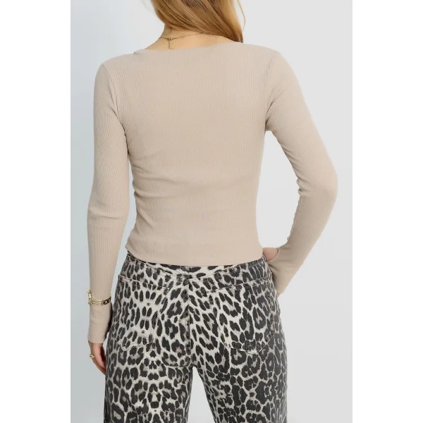 Bisiklet Yaka Parmak Geçmeli Kaşkorse bluz bej a3829