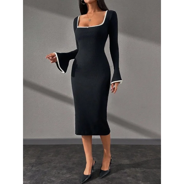 Biyeli midi boy elbise siyah A3718