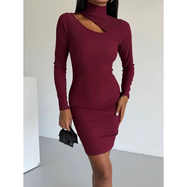 Boğazlı gögüs dekolteli elbise bordo f2333