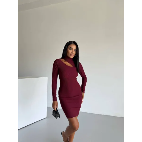 Boğazlı gögüs dekolteli elbise bordo f2333