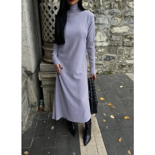 Boğazlı kalın bürümcük uzun elbise gri