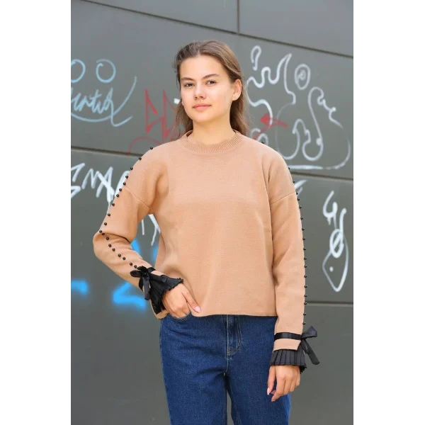 Boncuklu bile detaylı kazak vizon