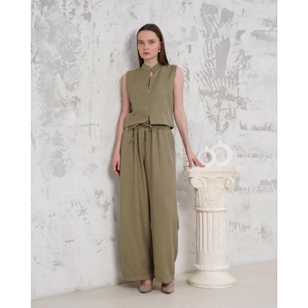 Broşlu yelek pantolon takım haki s255821