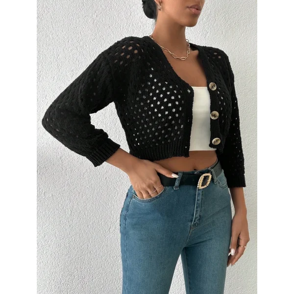 Büyük düğmeli delikli hırka siyah