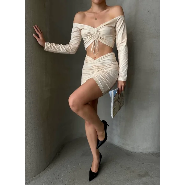 Büzgülü etek bluz takım bej s24709