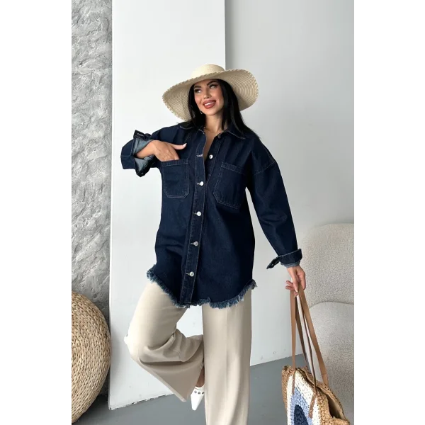 Cepli püsküllü kar yıkama kot ceket koyu mavi d2515