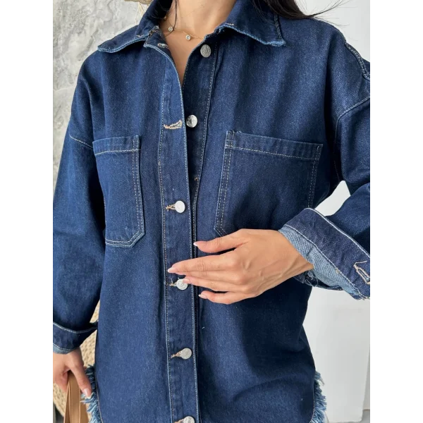 Cepli püsküllü kar yıkama kot ceket koyu mavi d2515