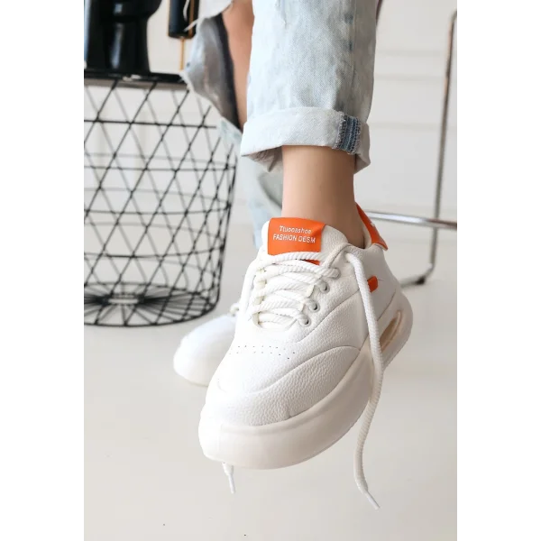 Chris Beyaz Cilt Turuncu Detaylı Bağcıklı Spor Ayakkabı