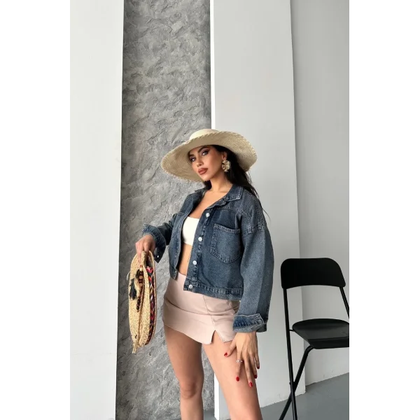 Çift cepli kol katlamalı kar yıkama crop kot ceket kahve tint d2000