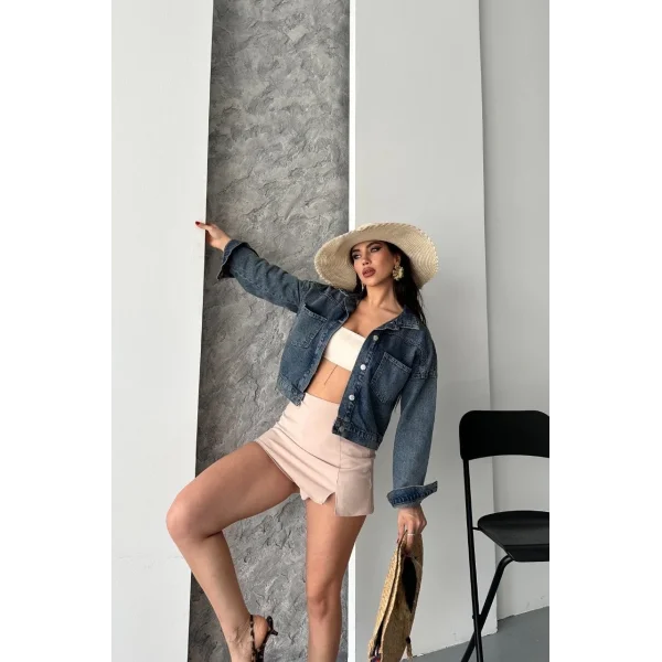 Çift cepli kol katlamalı kar yıkama crop kot ceket kahve tint d2000