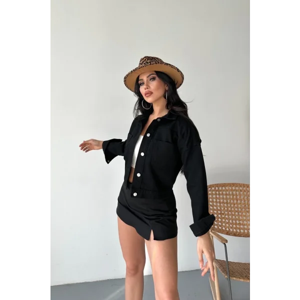 Çift cepli kol katlamalı süper taş enzim yıkamalı crop kot ceket siyah d2000