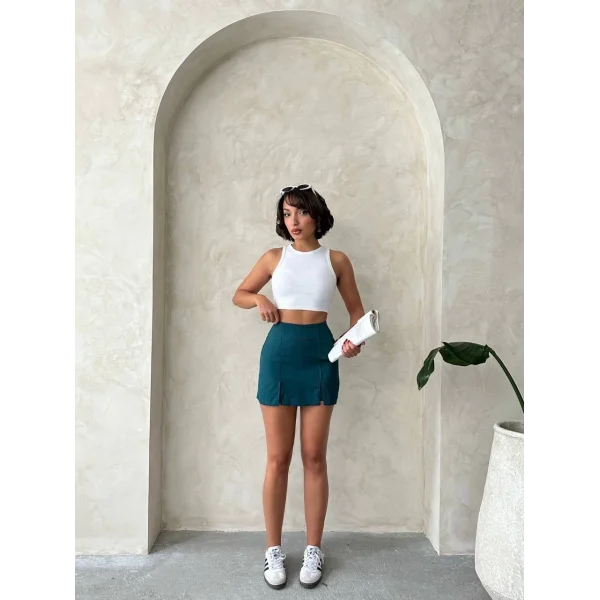 Çift yırtmaçlı atlas şort etek petrol yeşili s240364