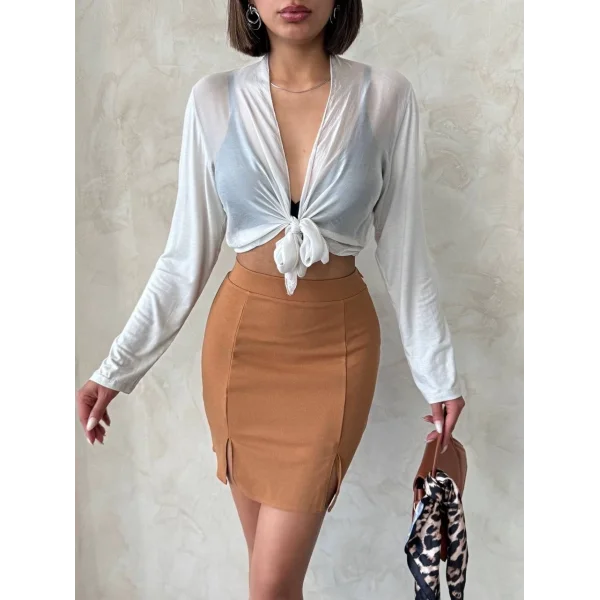 Çift yırtmaçlı etek camel s25910