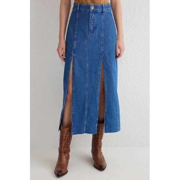 Çift yırtmaçlı jean etek s140