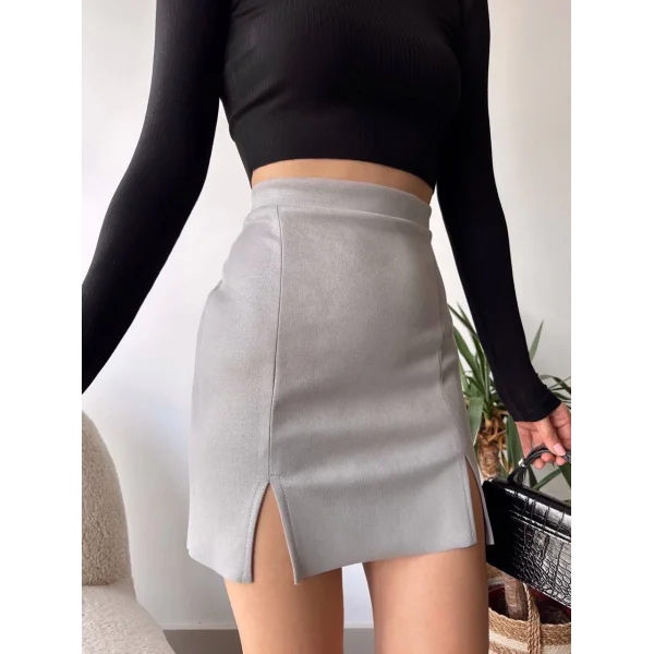 Çift yurtmaçlı süet etek gri s241002