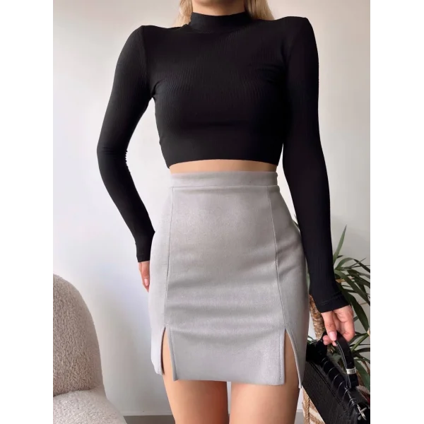 Çift yurtmaçlı süet etek gri s241002