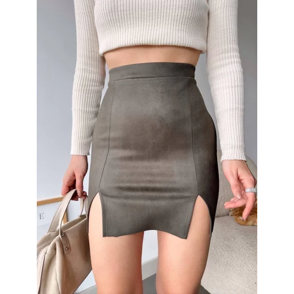 Çift yurtmaçlı süet etek haki s241002