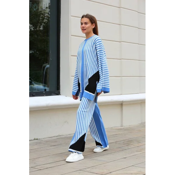 Çizgili bisiklet yaka triko takım Mavi