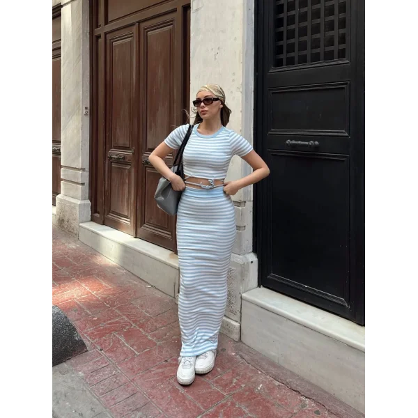Çizgili etekli takım mavi s3609