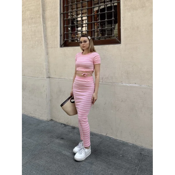 Çizgili etekli takım pembe s3609