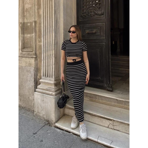 Çizgili etekli takım siyah s3609