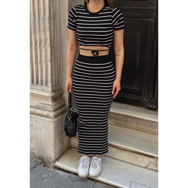 Çizgili etekli takım siyah s3609