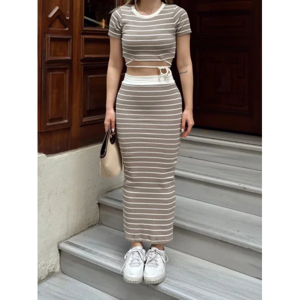 Çizgili etekli takım vizon s3609