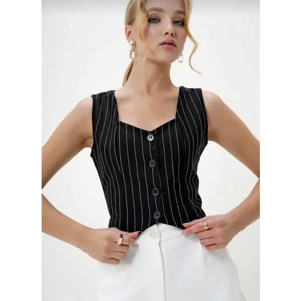 Çizgili krep düğmeli yelek siyah s3395