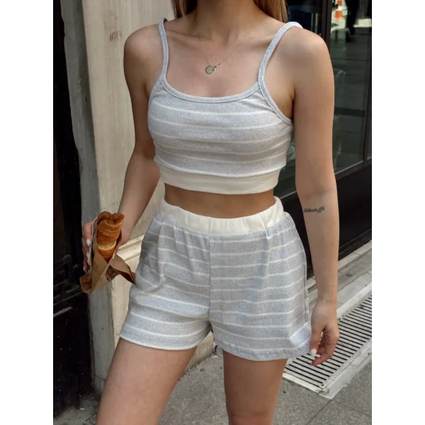 Çizgili şortlu takım gri s3978