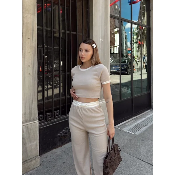 Crop pantolon biyeli takım bej